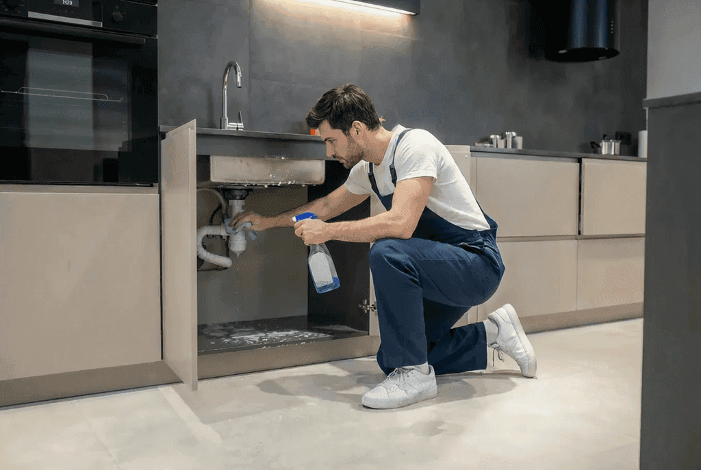 Omnispark cleaner detailing lower kitchen cabinets