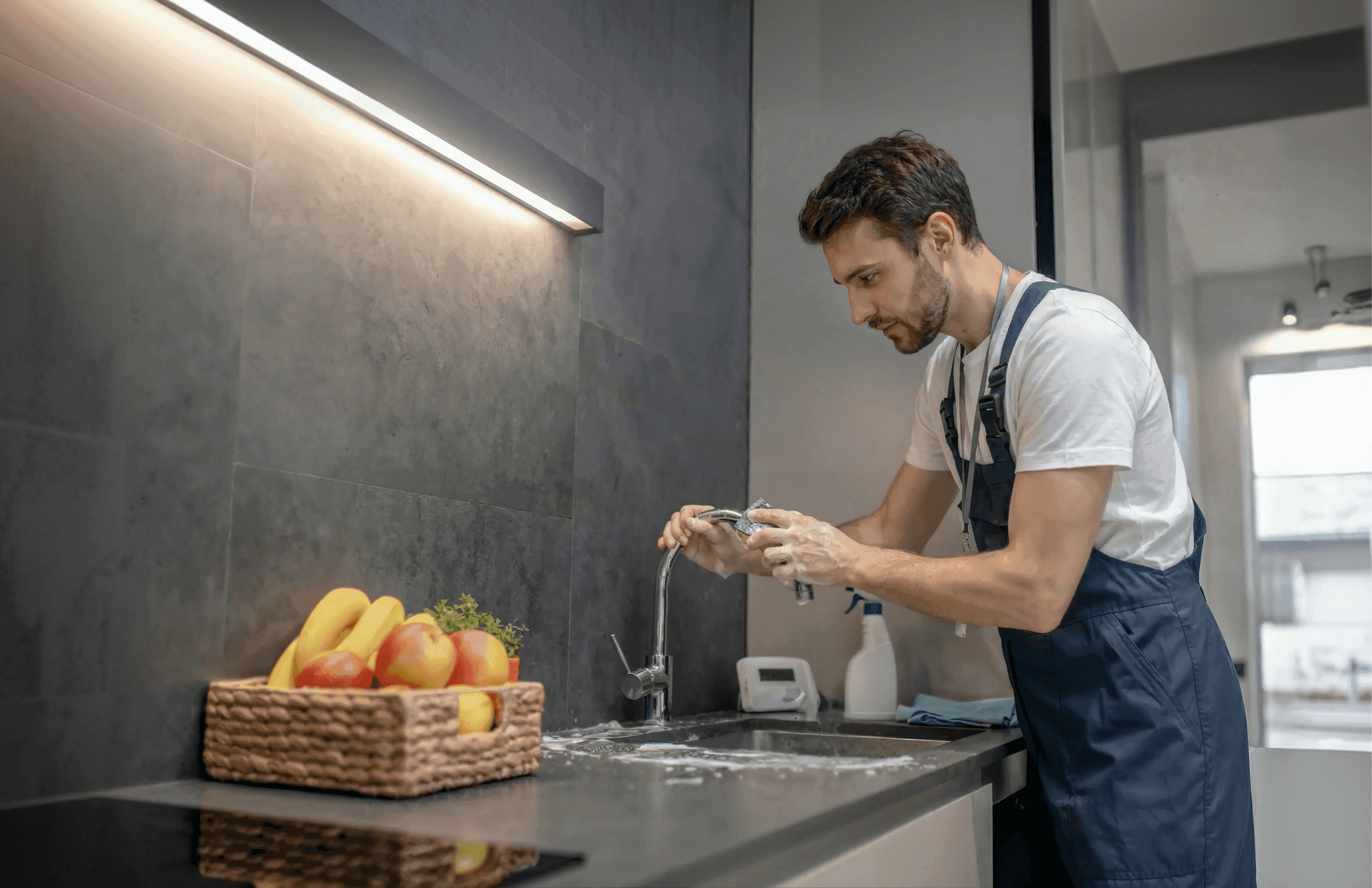 Professional cleaner at work in a modern kitchen